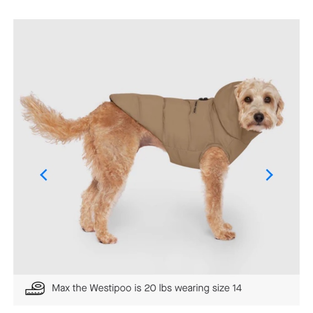 Canada Pooch waterproof jacket in tan, size 16. NWT!